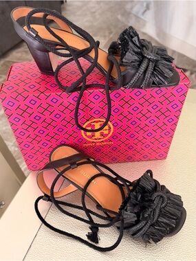 Tory Burch Black Raffia Knot Lace-Up Heels